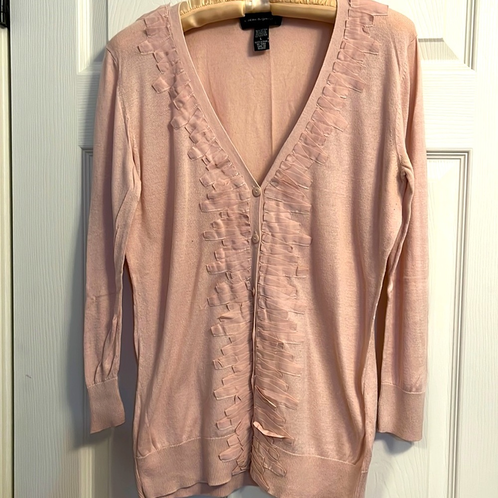 Cable and Gauge blush pink cardigan with satin accents Size L